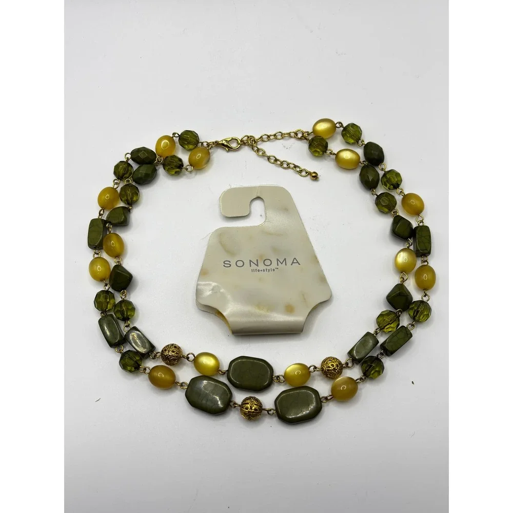Sonoma Green Beaded Double‎ Strand Necklace Gold Tone Faux Stone Statement 16in